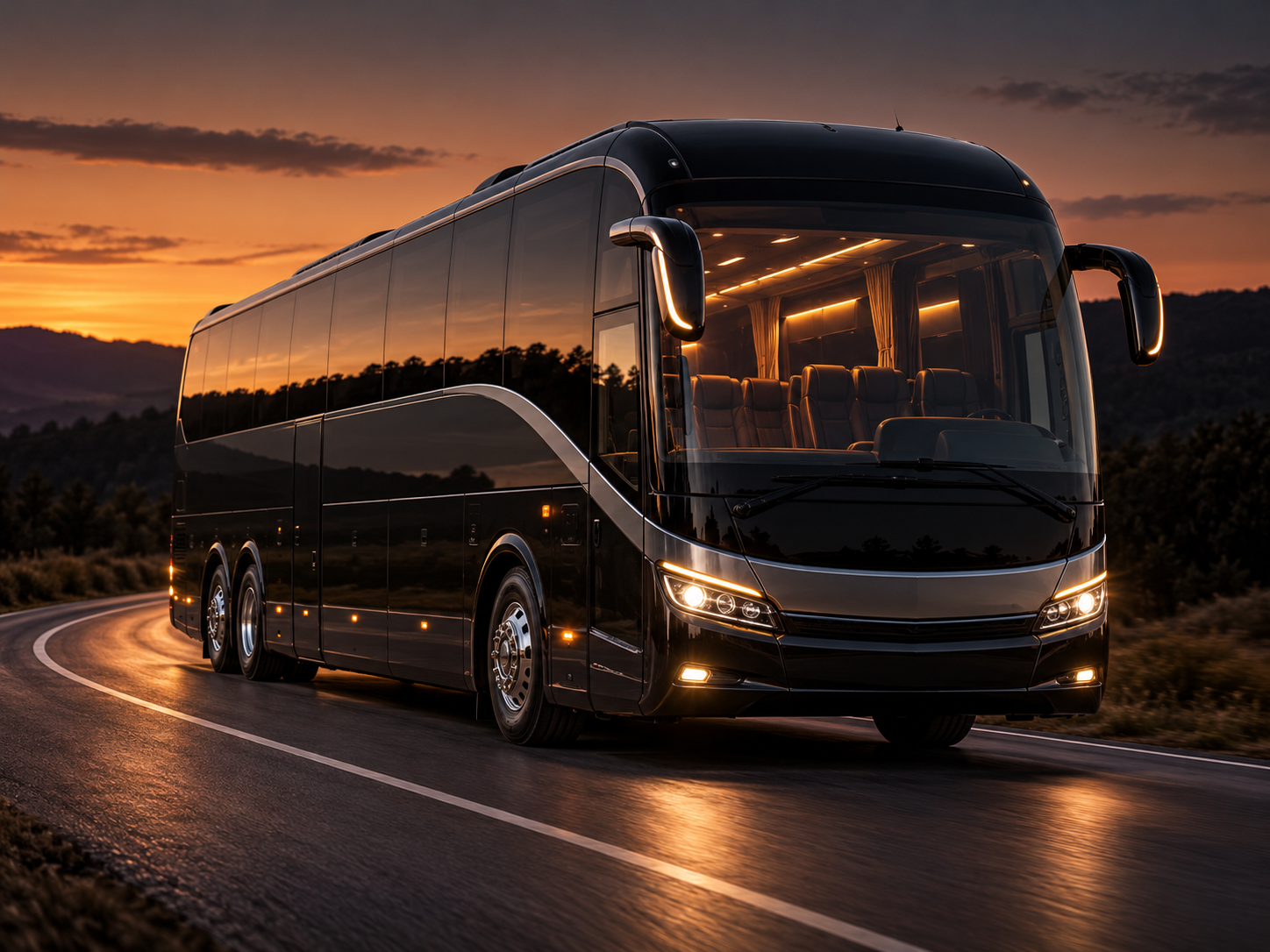 Eleganter Reisebus auf einer warm beleuchteten Strecke