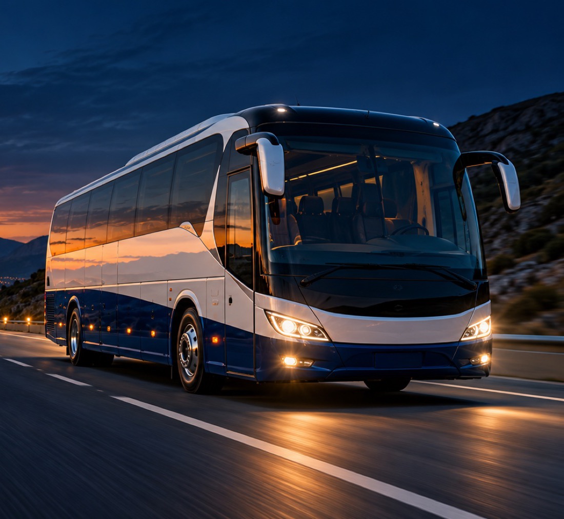 Moderner Starliner-Reisebus auf einer beleuchteten Abendroute
