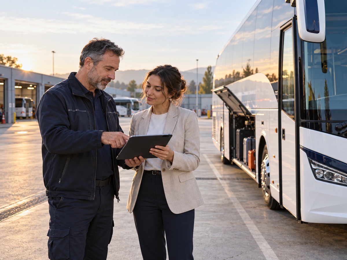 Busunternehmer und Reiseplanerin besprechen gemeinsam eine Route