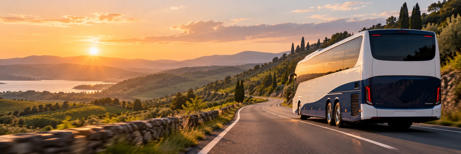 Moderner Reisebus auf einer sonnigen Route durch eine hügelige Landschaft